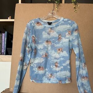 Angel Print Mesh Long Sleeve Shirt